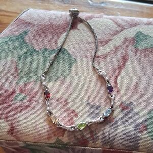 Sterling Silver Multi-Gem Adjustable Bracelet - Colorful Stones